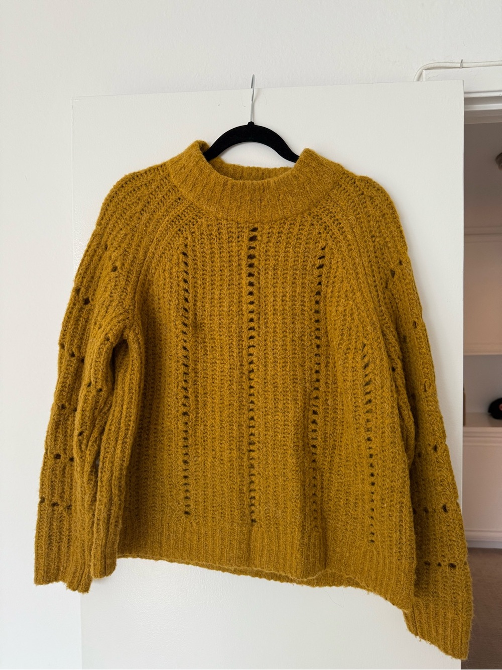 Madewell Mustard Ribbed Open-Stitch Turtleneck Sweater